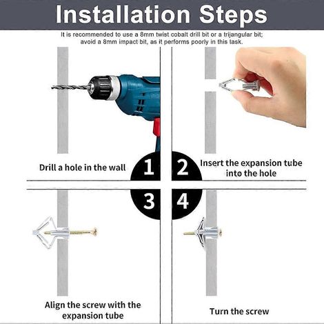 Kit de 100 chevilles et vis pour plaques de plâtre, avec tube d'expansion anti-rotation et vis d'ancrage. (1/5)
