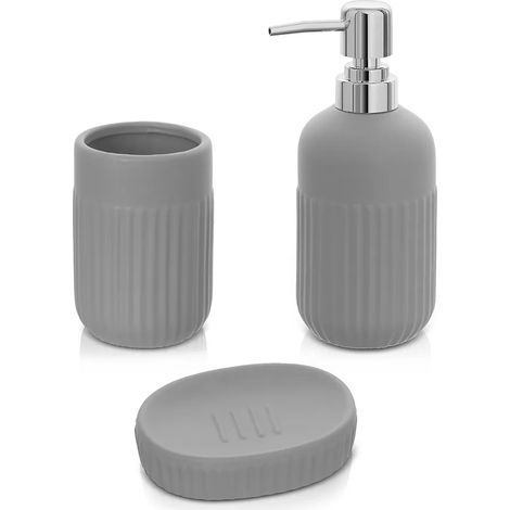 Accessori bagno da appoggio in set 3 pezzi in ceramica colore grigio Cup (1/5)