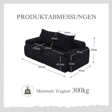 Canapé 2 places modulable en corde noire, combinable librement, livré sous vide avec porte-verre et poche latérale de rangement. Parfait pour salon, salle familiale, séjour.