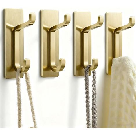 Selbstklebende Haken, extrem stark, Tragkraft bis zu 6 kg, Edelstahl-Türhandtuchhaken, rostfrei, kein Bohren erforderlich, Wandhaken für Bad und Küche, Gold, 4er-Pack (1/4)