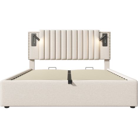 Letto matrimoniale 140x200 beige con contenitore, luce lettura e USB MODENUIT (1/5)