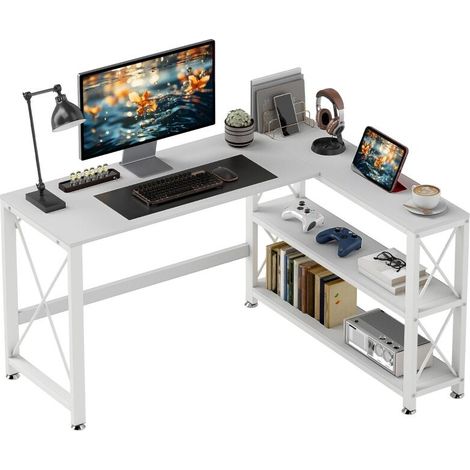Bureau d'angle réversible modulable avec rangement et étagère en métal blanc 135x110x75cm idéal pour bureau moderne (1/5)