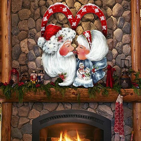Couronne de Noël en bois avec le Père Noël, décoration de porte d'entrée, anneaux décoratifs à suspendre. (1/5)