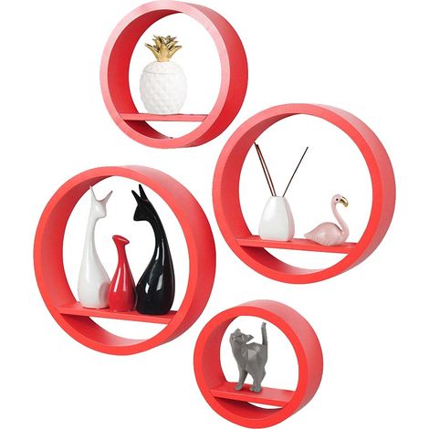4 Mensole da Parete Moderne Design Rotondo Mensola Scaffale Legno MDF Rosso
