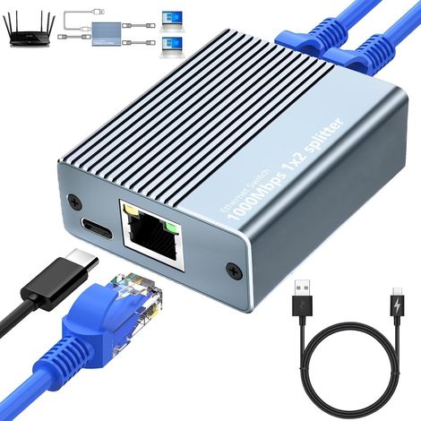 zu 2 Ethernet-Switch, 2-Port RJ45 Ethernet-Splitter Netzwerk-Switch Gigabit Ethernet-Splitter für Computer, Router und digitale TV-Set-Top-Boxen usw.