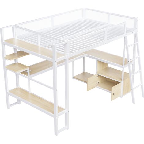 Letto a soppalco gaming in metallo 140 x 200 cm con scrivania, LED e contenitori, bianco (1/5)