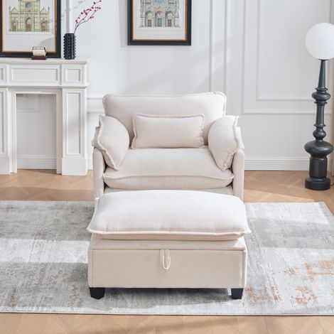 Fauteuil relax avec repose-pieds de rangement, fauteuil 1 place avec poches latérales et coussins, en chenille, beige (1/5)