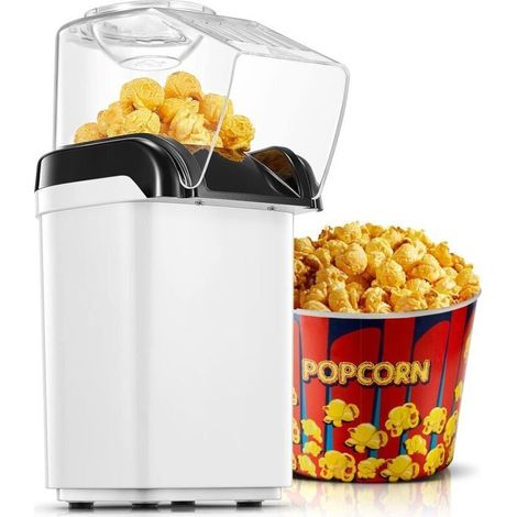 Macchina per popcorn senza olio da 1200 W – Funzionamento con un solo pulsante, pronta in 2 minuti, protezione contro il surriscaldamento, bianca