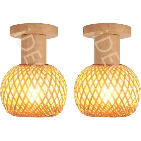 2x Plafonnier Vintage,15cm Lampe de Plafond Industriel Abat-jour en Bambou et Bois Design Réglable E27 Plafonnier Style (1/5)
