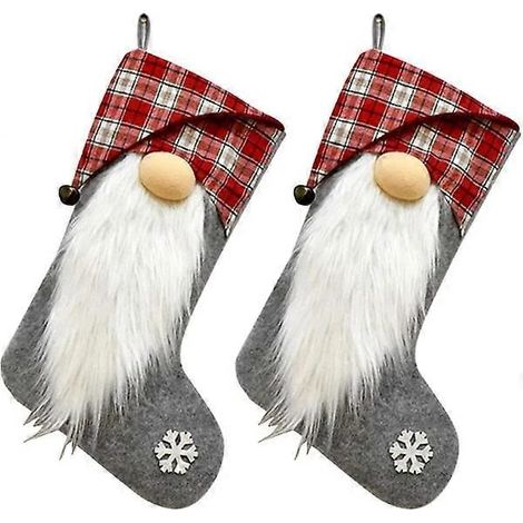 Lot de 2 chaussettes de Noël, 45 x 20 cm, motif barbe, carreaux rouges et gris, poupée sans visage, imprimé Rudolph. (1/5)