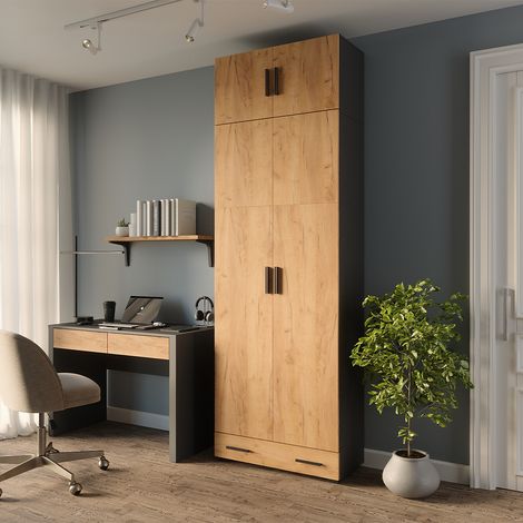 Estantería para carpetas Frank, Antracita/roble dorado, 80 x 241.2 cm con tapa de armario y módulo de cajón, Vicco