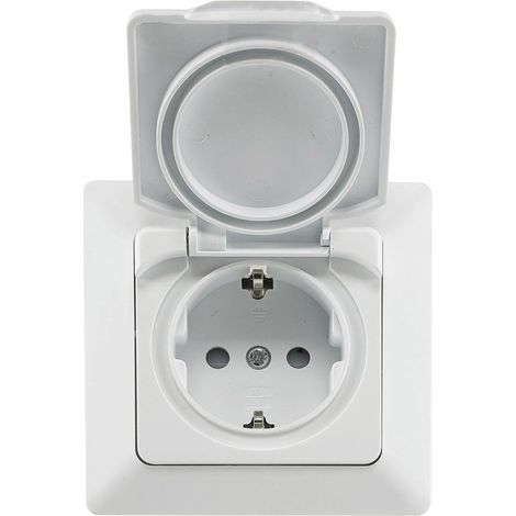 Prise pour pièces humides encastrée IP44 avec clapet de protection intérieur et extérieur - Joint en silicone - 250 V/16 A - Blanc (1/5)