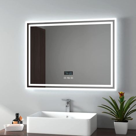 EMKE Backlit Illuminated Bluetooth Bathroom Mirror with Shaver Socket, 800x600MM Bathroom Mirror with Fuse, Demister, Clock (1/5)