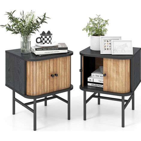 COSTWAY Nachttisch mit Schiebetüren, 2er Set, Nachtschrank mit Stauraum, Beistelltisch mit Metallbeinen, Nachtkonsole, Sofatisch für Wohnzimmer, Schlafzimmer, 40 x 39 x 49 cm (Schwarz) (1/5)