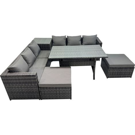 Fimous 8 Seater Outdoor Corner Sofa Dining Table Set Garden Rattan Furniture Set with Side Table 2 Big Stool Dark Grey (1/5)