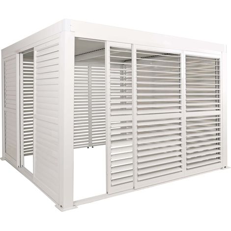 Alu Pergola HHG-408, Pavillon Terrassenüberdachung, 6x Lamellenpaneel 6x Schiebetüren, 11cm-Gestell, 3x3m weiß (1/5)