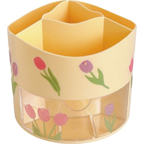 Pot à crayons rotatif - Modèle sans marque - Jaune - Grande capacité en plastique durable avec autocollant pour bureau organisé (1/4)
