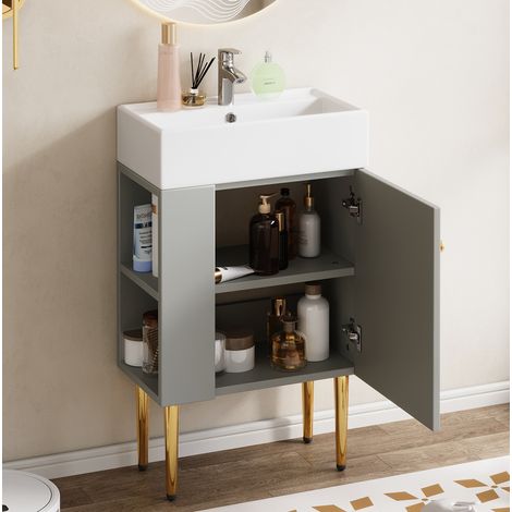 Mueble lavabo 55 cm gris y blanco con lavabo de cerámica (1/5)