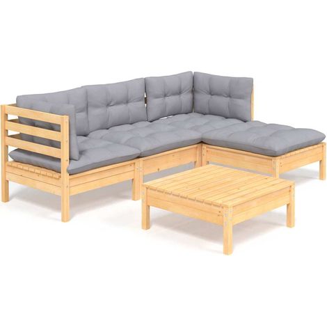Salon de jardin 5 pcs Ensemble Table et Chaise de Jardin - avec coussins gris Bois de pin BV180322 - BonneVie (1/5)