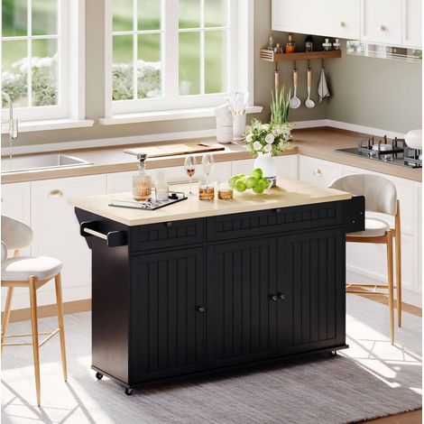 Isla de cocina 137x45x89,5 cm en MDF negro y madera natural, ahorra espacio FloraGrace (1/5)