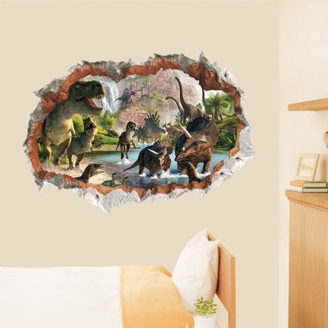 3D-Wandaufkleber „Dinosaurier im Fluss“, 3D-Spezialeffekt, Blick von außen auf die rissige Wanddekoration, entfernbare DIY-Vinyl-Wandaufkleber für Wohnzimmer und Schlafzimmer