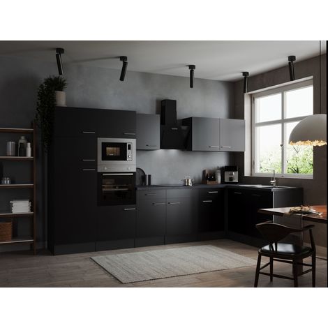 L Küche Küchenzeile Winkelküche Grau Matt Schwarz Oliver 340 x 172 cm Respekta