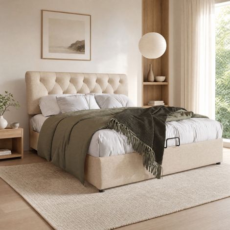 Cama canapé 140x200 cm de lino natural con cabecero regulable, almacenaje y colchón – MEUBLIV (1/5)