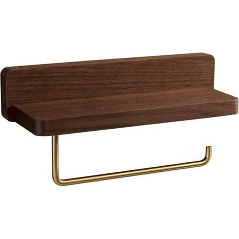 1 Porte-rouleau double en bois massif, support mural auto-adhésif ou à vis, finition laiton, pour salle de bain et cuisine (1/5)