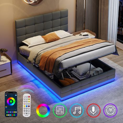 Ottoman Double Bed with LED Lighting, PU Leather Upholstered Bed with Hydraulic Storage, 4ft6 Double Bed Frame with Adjustable Button Tufted Headboard, No Box Spring Needed, Grey (No Mattress)