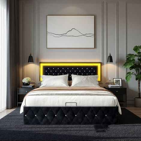 Letto 140x200 cm - tessuto in velluto - LED - struttura letto contenitore 140x200 cm - nero (1/5)