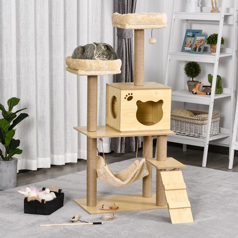 PawHut Katzenbaum im modernen Design mit Kratzstämmen, Natursisal, Nische, Plattformen, Hängematte, Ball, Spanplatte, Beige