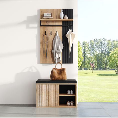 Mueble zapatero 2 puertas 70x36x146 cm con banco y 3 ganchos, en tablero de partículas, color negro y natural (1/5)