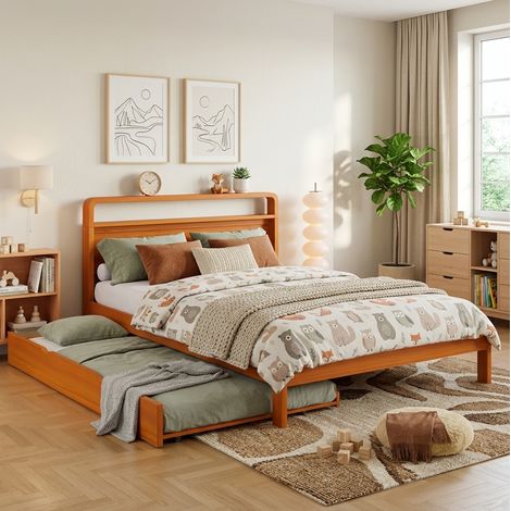Lit gigogne 140x200 cm adulte avec lit d'appoint 90x190 cm gain de place, tête arrondie, bois naturel (1/5)