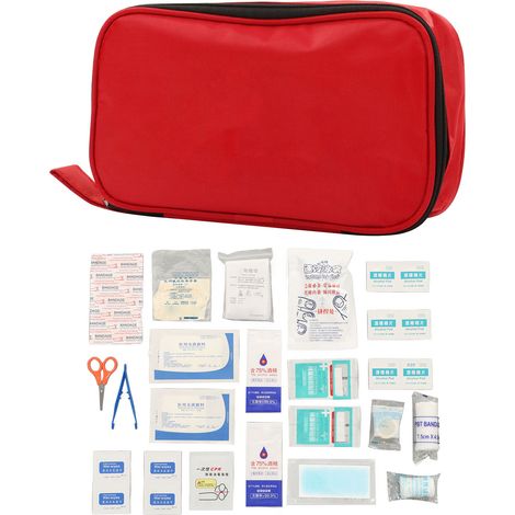 Trousse de premiers secours comprenant : pansements, lingettes humides, patchs antipyrétiques, ciseaux, pince à épiler, bandages, poches de glace et trousse d'urgence (1/5)
