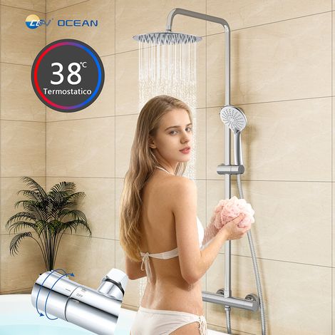 Soffione doccia rotondo da 25cm in acciaio inox, colonne doccia con miscelatore termostatico, saliscendi regolabile 75-125cm, cromato lucido