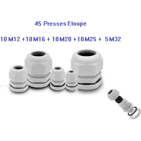 Presse étoupe Lot de 45 pièces  10 en M12  + 10 en M16 + 10 en M20 + 10 en M25 et 5 M32