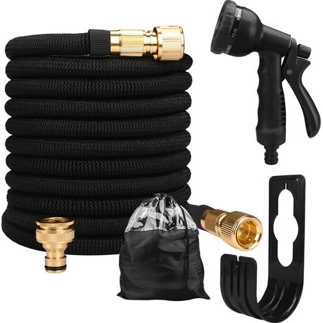 Tuyau d'arrosage (noir, 30 m), raccord bimétallique rétractable, enrouleur en PVC haute pression, convient pour le lavage de voiture. (1/4)