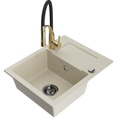 Mexen Enzo lavello in granito 1-vasca con sgocciolatoio e rubinetto da cucina Aster, beige - 6506-69-73450-57-B (1/5)