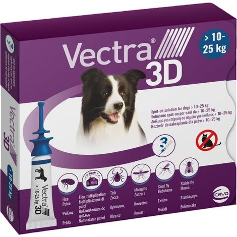 VECTRA Pesticide 3D pour chien - 3 pipettes anti-puces, tiques et moustiques pour chien 10/25 kg - Protège contre les puces, tiques, phlébotomes et mouches (1/5)