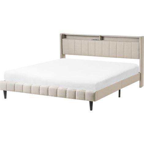 Bed with LED Fabric BEAULIEU 180 x 200 cm (EU Super King) with USB Port with Storage Beige (1/5)