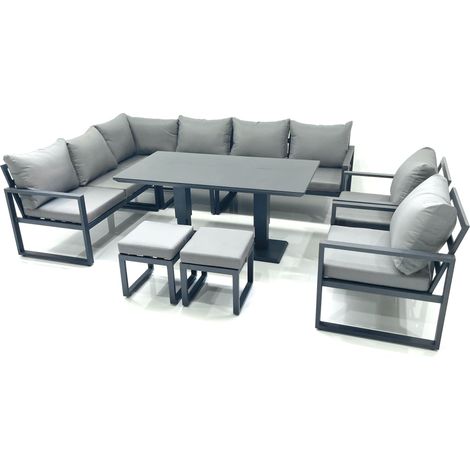 Fimous Aluminum Outdoor Garden Furniture Set Corner Sofa 2 Chair 2 Small Footstool Adjustable Rising Lifting Dining Table Sets Dark Grey (1/5)