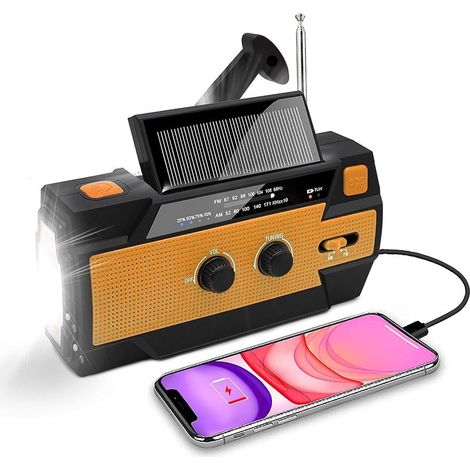 Radio solaire, radio génératrice avec AM/FM, batterie rechargeable intégrée de 4 000 mAh, 4 modes, lampe de poche LED, alarme SOS pour les urgences extérieures (orange) (1/5)