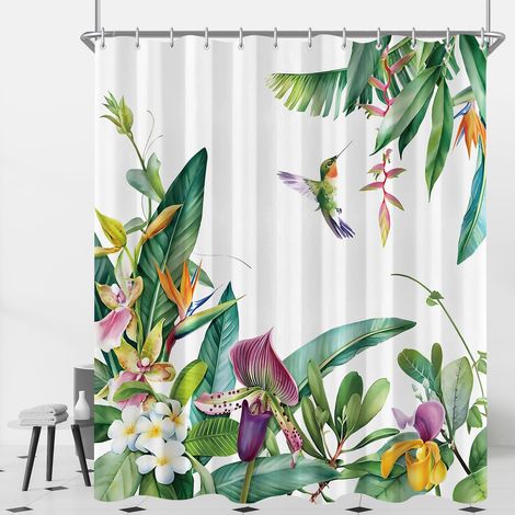 Rideau de douche, 120 x 200 cm, motif feuilles vertes, oiseau, ourlet lesté, anti-moisissure, imperméable, lavable, en polyester, avec 8 œillets et anneaux de rideau de douche, pour salle de