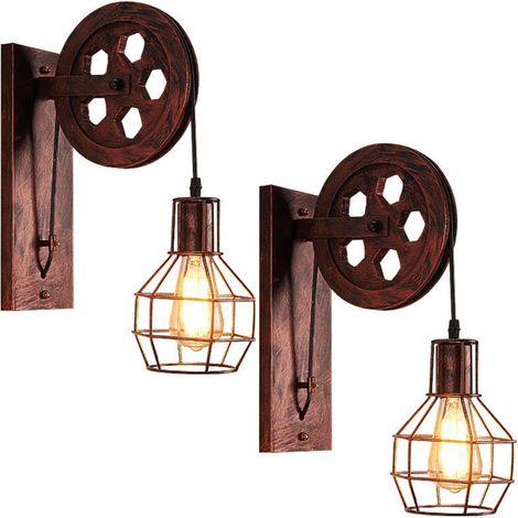 2x Applique Murale Industrielle Poulie Vintage Lampe de Mur Luminaire Intérieur pour Chambre Salon Restaurant,Rouille Rouge (1/4)