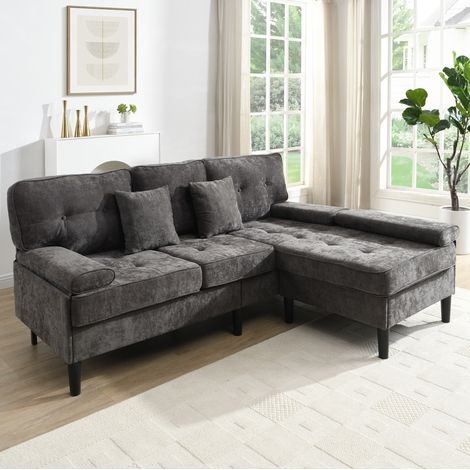 Canapé d'angle modulable 3 places en tissu gris antique avec méridienne réversible, repose-pieds mobile, coussins et structure en bois, idéal petit salon ou appartement – CHICFURN (1/5)