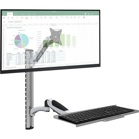 Postazione di lavoro a parete TECHLY con supporto monitor, ripiano tastiera estensibile e finitura Silver (1/3)