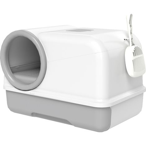Lettiera per Gatti Chiusa con Coperchio 59x39,5x39,5 cm Vassoio e 2 Sacchetti di Carbone in PP Bianco e Grigio (1/5)