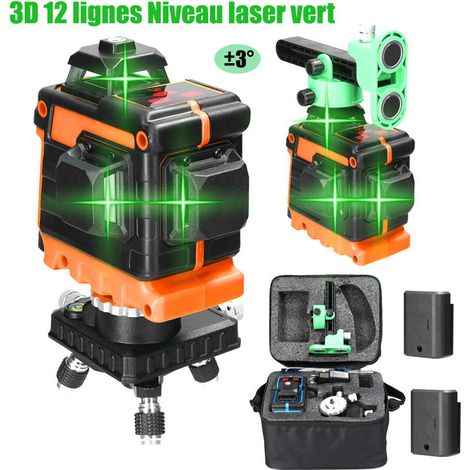 360°x 3-line 12-line self-levelling green laser level for construction sites with vertical and horizontal 3D cross lines, IP54, with protective bag and 2 batteries, range 25m (1/5)