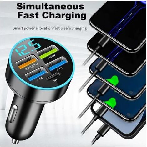 Dual-USB-Autoladegerät 66W/3,1A, 5 USB-Zigarettenanzünderanschlüsse, Schnellladefunktion QC3.0 für Mobiltelefone mit LED-Voltmeter, kompatibel mit Samsung, Xiaomi und Android-Smartphones mit Typ-C-Ans (1/5)