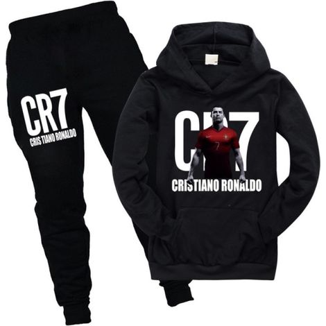 Ensemble sport enfant Ronaldo CR7 noir, sweat-shirt et pantalon garçon 140 cm, tenue football junior, survêtement garçon noir taille 140, maillot manches longues + short training (1/2)